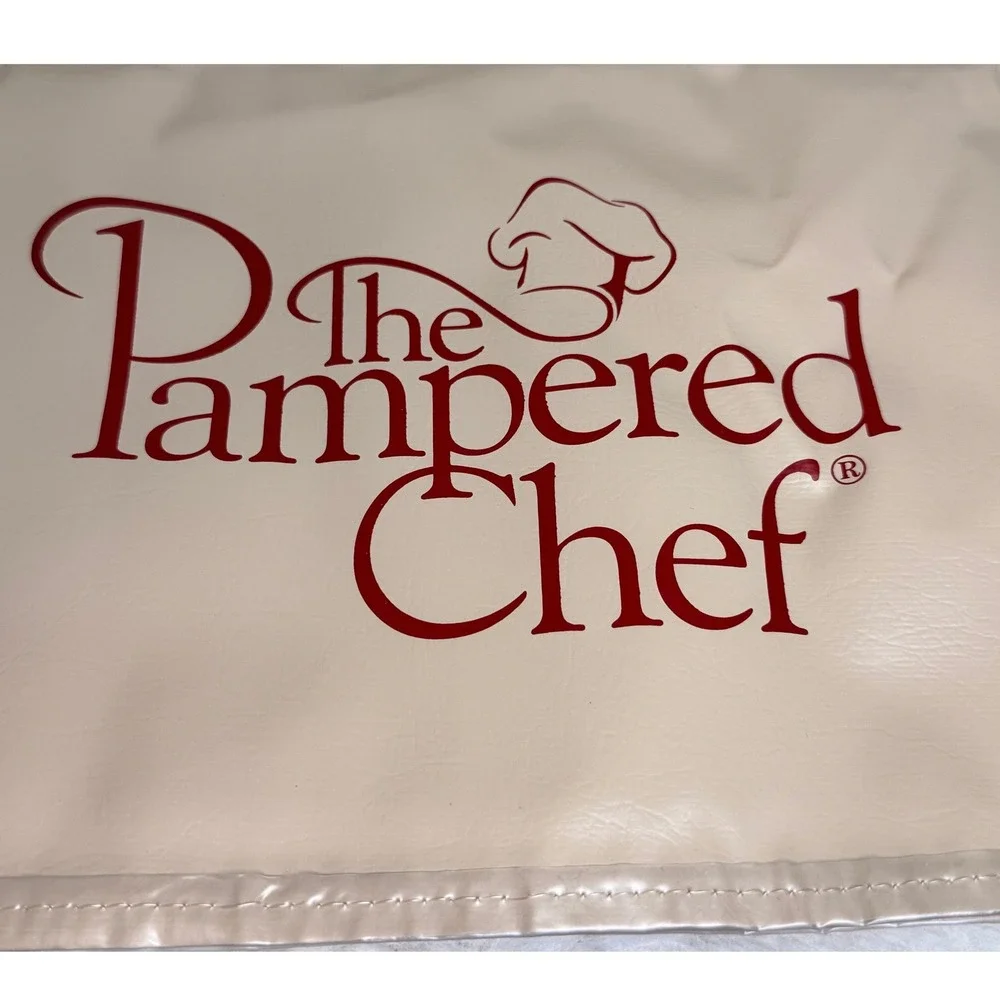 The Pampered Chef Square Tablecloth 52x52 Cream Red Logo Made in USA Vinyl